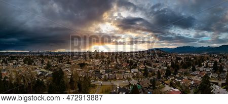 Modern City Suburban Neighborhood. Burnaby, Vancouver, Bc, Canada. Aerial Panorama. Winter Sunset