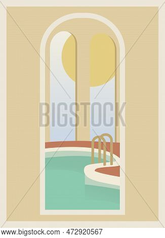 Swimming Pool And Arches Interior Illustration Poster. View Through Window Flat Design, Modern House