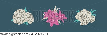 Set Of Three Flower Bouquets - Roses, Lilies And Peonies. Simple Vector Isolated Illustration For De