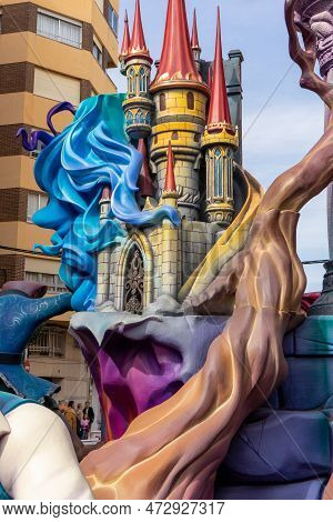 Burriana, Spain 18-03-2023: View Of The Sculpted Monument For Its Exhibition And Its Burning In The 