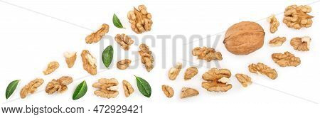 Peelled Walnuts With Leaves Isolated On White Background With Copy Space For Your Text. Top View. Fl