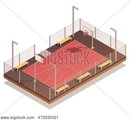 Basketball Isometric Composition With Isolated View Of Street Hardwood With Benches Lamp Posts And M