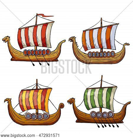 Viking Boat. Nordic Drakkar, Swedish Warship. Longship With Oars. Cartoon Scandinavian Sailboat