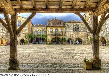 Rain Approaching At The City Square Of Monpazier, France