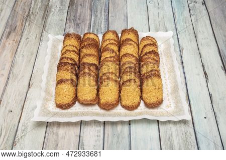 Tray Of Almond Tejas Typical Of Central Spain Made In A Pastry Shop
