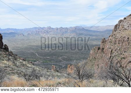 Looking Down At Road From Picketpost Mountain In Arizona