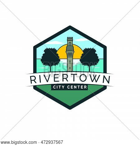 Rivertown City Center Logo Design. Landscape And  Tower Modern Logotype. Lake And City Logo Template