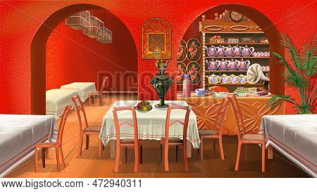 The Interior Of The Russian Traditional Tea Room In The Style Of Kustodiev. Digital Painting Backgro