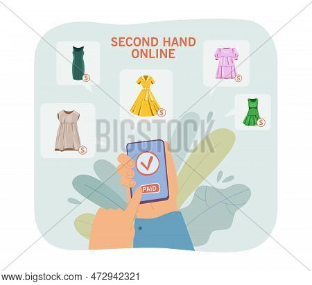 Hand Holding Phone With Secondhand Sale App Vector Illustration. Customer Buying Dress In Online Sho
