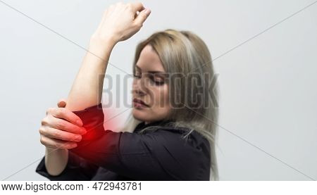 Wrist Pain. Painful Hand With Red Spot Closeup. Sprain, Fracture. Arthritis, Office Syndrome. Health