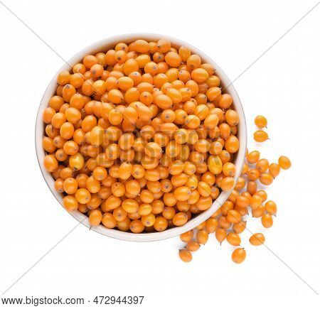 Bowl With Fresh Ripe Sea Buckthorn Berries On White Background, Top View