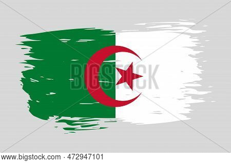 Flag Of Algeria Painted With A Brush Stroke. Abstract Concept. Algerian National Flag In Grunge Styl
