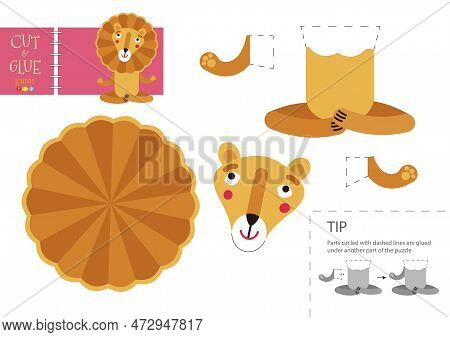Cut And Glue Paper Toy Vector Illustration. Lion Character Scissors Cutting Model For Preschool Kids