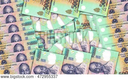 Vietnam Dong Banknotes In A Cash Fan Mosaic Pattern Loop. Vietnamese 500000 Vnd Notes. Abstract Conc