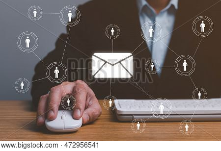 Email And Sms Marketing Concept. Scheme Of Direct Sales In Business. List Of Clients For Mailing. Ne