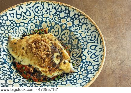 Samfaina Cod Made From Chopped Aubergine And Zucchini And Sautéed With Minced Garlic And Grated Onio