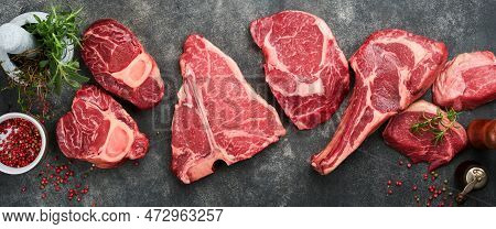 Raw Prime Steaks. Variety Of Fresh Black Angus Prime Meat Steaks T-bone, New York, Ribeye, Striploin