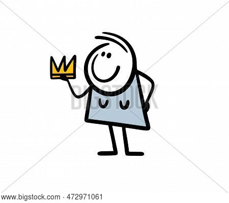 Funny Cute Stick Gigure Female Character Holds A Golden Crown.