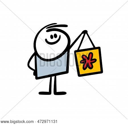 Happy Little Boy Holds Shopping Bag With Flower Print.