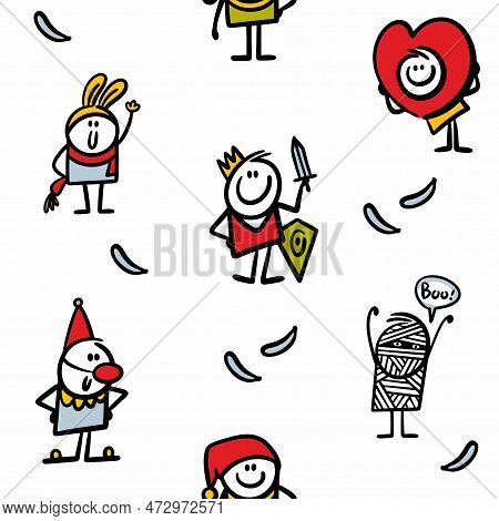Seamless Pattern With Cartoon Children In Costumes And Masks At Masquerade Holiday.