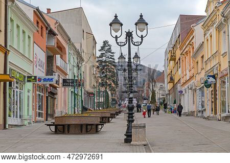 Raska, Serbia - December 21, 2017: People Walking At Pedestrian Zone Street In Town Raska Winter Day