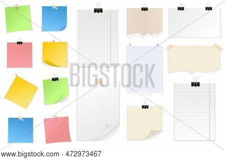 Note Papers Set Graphic Elements In Flat Design. Bundle Of Different Types Of Notebook Sheets, Torn 