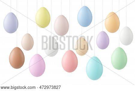 Realistic Easter Eggs Banner, Celebration Greeting Poster With Colorful Pastel Egg. Hang On Ropes Ob