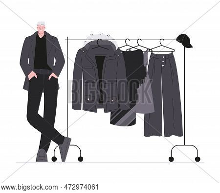 Black Fashion Collection. Happy Man Designer And Clothes, Dress, Pants, Jacket. Isolated Cartoon Sty