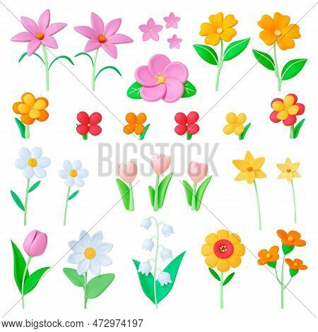 Flowers 3d Elements. Summer Flower Toy, Clay Render Plasticine Imitation. Color Tulips, Chamomile, G