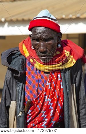 Africa, Kenya, May, 2016 - Portrait Of Old African Men In Masai Tribe Village. The Maasai Are A Nilo