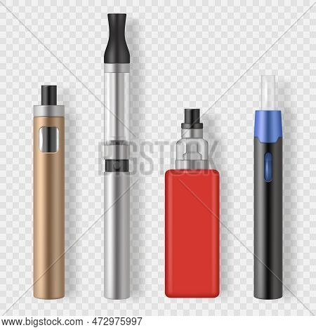 Vape Set. Tools For Smoking Clouds Of Steam Circles Puffs Decent Vector Realistic Templates