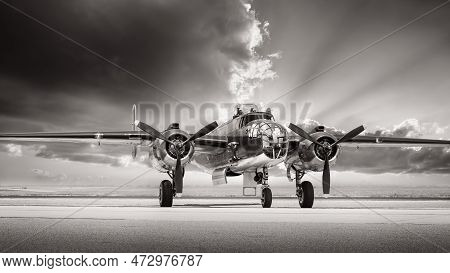 Historical Bomber Plane On A Runway Ready For Take Off