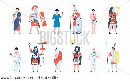 Ancient People Roman In Toga, Rome Characters. Greek Person, Empire Civilization Warriors And Soldie