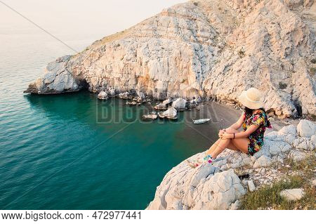 Tourist Woman Sit Enjoy Panorama On Viewpoint In Persian Gulf Mirellas Island. Musandam.oman