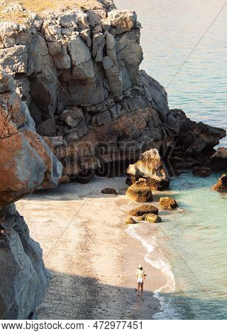 Aerial View Isolated Tourist Woman In Bikini Walk On White Sand Beach Alone In Persian Gulf Mirellas