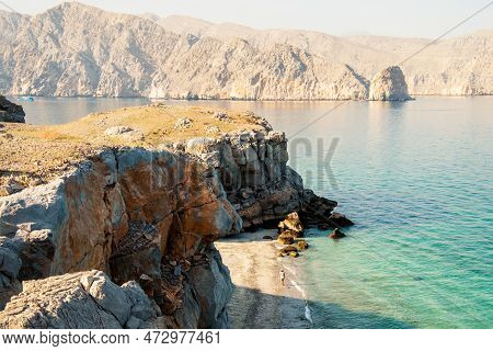 Aerial View Tourist Woman Explore Hike Walk In Oman Persian Gulf Mirellas Island On Sunrise. Musanda