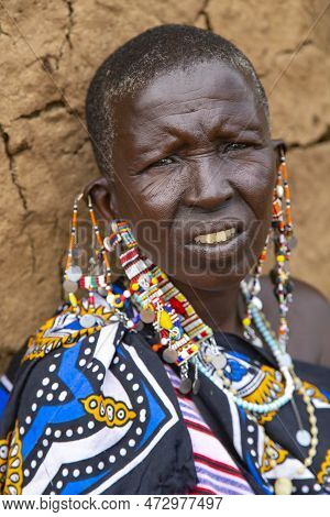 Africa, Kenya, May, 2016 - Portrait Native Maasai Tribe Woman Sells Ornaments Made Of Beads. The Maa