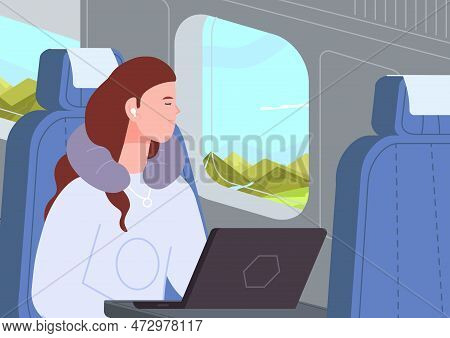 Sleep In Plane. Napping Woman With Headphones And Neck Pillow Sleeping Indoor Airplane, Nap Female P