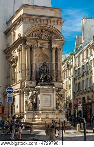 Paris, France - August 30, 2019 : The Moliere Fountain, Famous Comedian, With A Statue Of Moliere, P