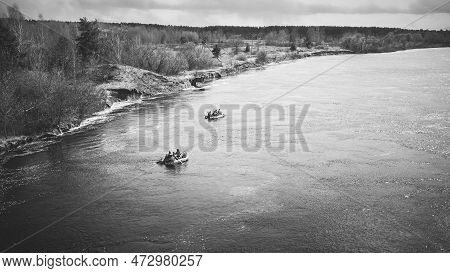 Men Dressed As Us American Soldiers Of Usa Infantry Of World War Ii Carry Out Rafting On Rubber Boat