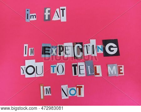 I'm Fat I'm Expecting You To Tell Me I'm Not Funny Message Written On Scraps Of Magazine Paper On A 
