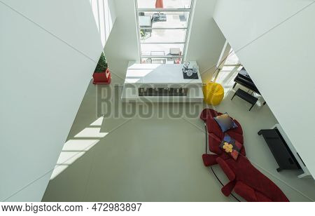 View Of Living Room Froom Above. Modern Interior Of Luxury House.
