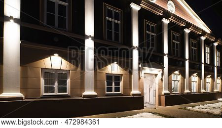 Exterior Of Illuminated Modern Building. City Architecture.