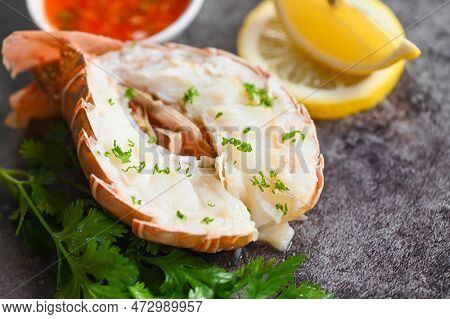 Spiny Lobster Food On Plate, Fresh Lobster Or Rock Lobster Seafood With Herb And Spices Lemon Corian