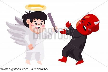 Angel Versus Daemon Evil Good Vs Bad Cartoon Character Fight With Stick