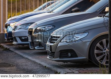 Side, Turkey - February 13 2023:   Close-up Of The Headlight, Bumper, Wheel, On The Street On A Warm