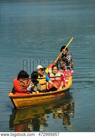 Pokhara, Nepal - November 23, 2017 : Tourists And Local People Travel And Ride The Boat At Begnas La