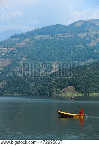 Pokhara, Nepal - November 23, 2017 : Tourists And Local People Travel And Ride The Boat At Begnas La