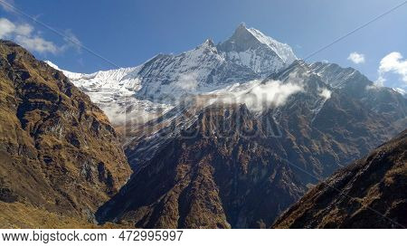 Annapurna, Nepal - November 9, 2017 : Breathtaking View Himalayan Mountains Range On The Way To Anna