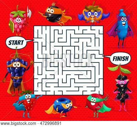 Labyrinth Maze Game Cartoon Superhero Berry Characters. Kids Vector Worksheet Quiz With Raspberry, B